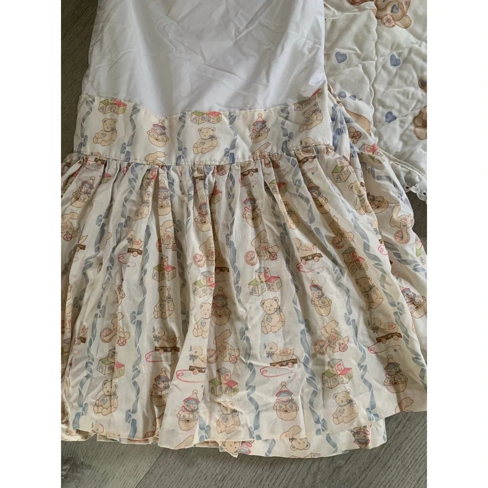 Vintage Teddy Bear Toy Box Quilted Baby Blanket and Ruffled Bed Skirt Set crib